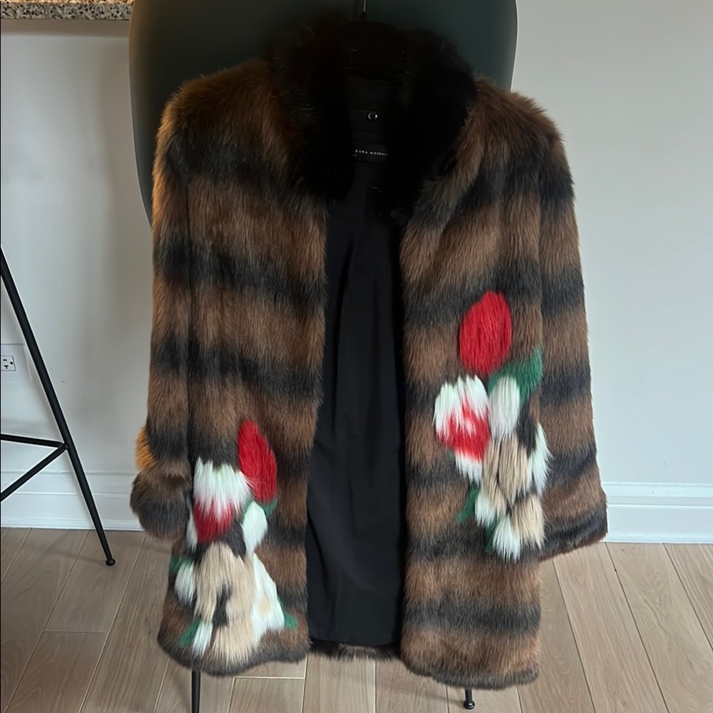 Zara Black and Brown Teddy Jacket Plush Mid-Length